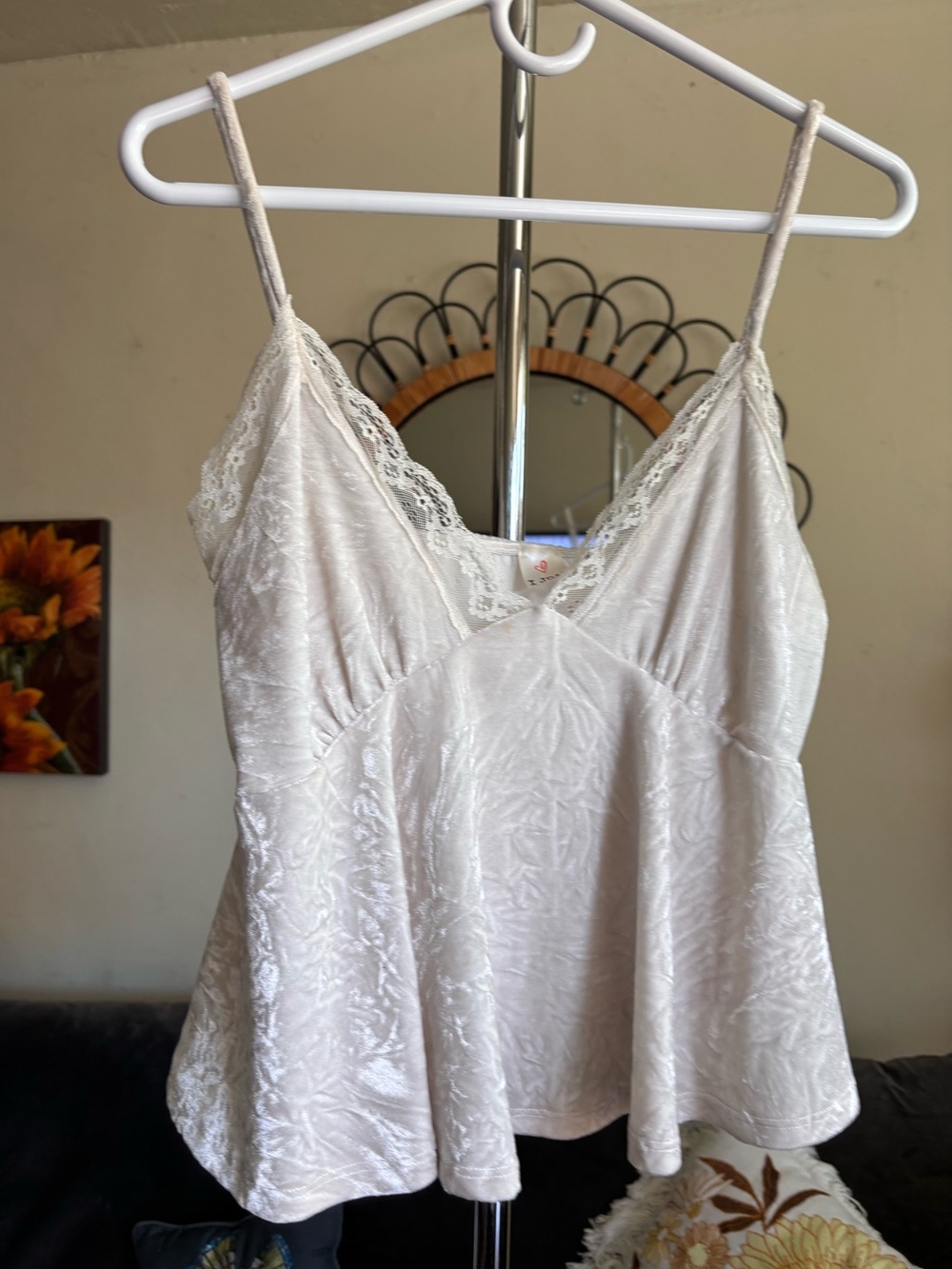 VTG 90s Y2K Size Large Crushed Embossed Velvet Lace Crop Babydoll Camisole Large